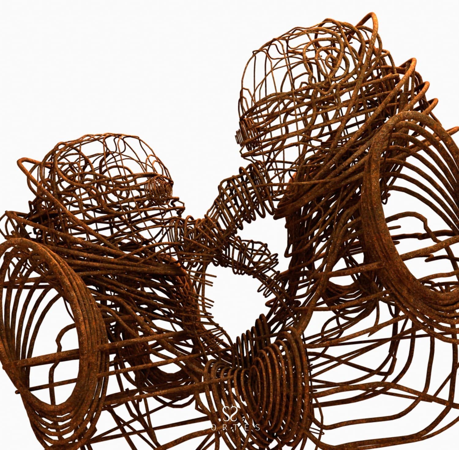 Escultura abstracta de tres figuras humanas entrelazadas, hechas de alambre oxidado.