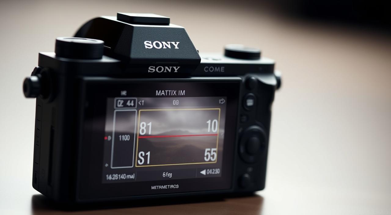 A Sony camera with a detailed display showing the matrix metering mode, capturing the scene with precision. The camera is positioned at a slight angle, showcasing its sleek, modern design. The background is blurred, drawing the viewer's attention to the camera's interface and the visual representation of the matrix metering system. The lighting is soft and even, creating a professional and informative atmosphere, suitable for an article discussing the proper use of the matrix metering mode.