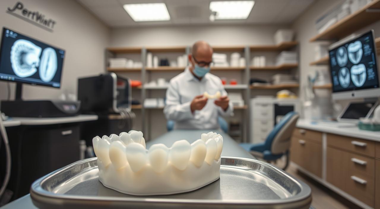 A clinical, well-lit dental laboratory setting showcasing an array of 3D printed dental appliances. In the foreground, a high-resolution 3D printed dental crown or bridge model sits on a metal tray, its intricate details and smooth surface evident. In the middle ground, a dentist or technician examines a 3D printed dental aligner or splint, evaluating its precise fit and customization. The background features a 3D printer, monitors displaying digital scans, and shelves stocked with various dental materials and equipment, conveying the advanced technological capabilities of 3D printing in modern dentistry.