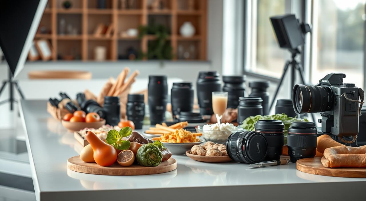 A delectable food photography setup with an array of lenses, camera, and lighting equipment artfully arranged on a sleek, minimalist table. The foreground features an assortment of fresh produce, baked goods, and culinary tools, inviting the viewer to imagine the endless creative possibilities. In the middle ground, various camera lenses are displayed, showcasing their distinct characteristics and capabilities. The background is bathed in a soft, natural light, creating a serene and professional atmosphere. The overall composition conveys a sense of passion, expertise, and the pursuit of the perfect food shot.