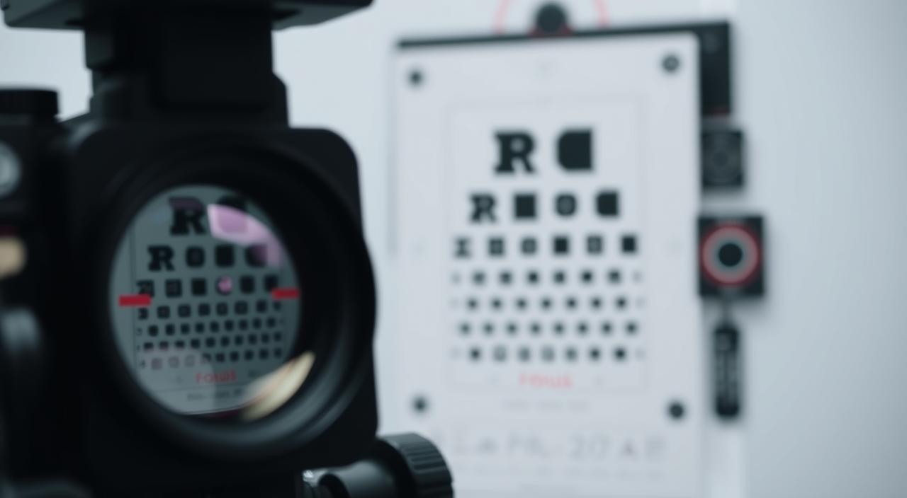A detailed close-up shot of various camera focus test targets, including a test chart with resolution patterns, slanted edges, and a depth-of-field test. The scene is well-lit with soft, even lighting, showcasing the fine details and textures of the test equipment. The focal plane is precisely focused, highlighting the sharpness and clarity of the elements in the frame. The composition places the test targets centrally, with a clean, uncluttered background that allows the technical aspects to be the sole focus. The mood is clinical and technical, conveying a sense of precision and methodical analysis.
