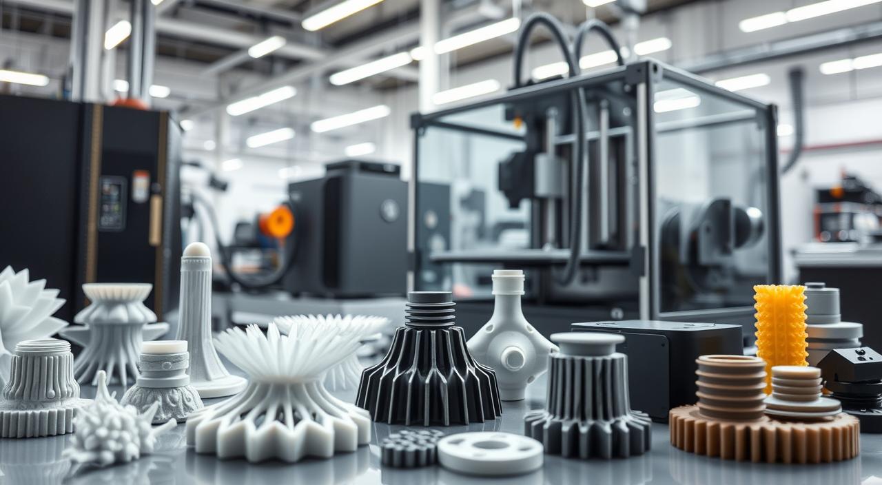 A detailed, high-resolution image of the latest innovations in fused deposition modeling (FDM) 3D printing technology. Prominently showcased in the foreground are various 3D-printed parts and components, highlighting the precision, complexity, and design flexibility enabled by FDM. In the middle ground, a state-of-the-art FDM 3D printer is depicted, its mechanical components and extrusion assembly visible, demonstrating the core technology behind this additive manufacturing process. The background features a clean, modern factory environment, conveying the industrial applications and integration of FDM within the manufacturing landscape. Crisp lighting, clean lines, and a sense of technical sophistication permeate the scene, capturing the spirit of innovation in 3D printing.