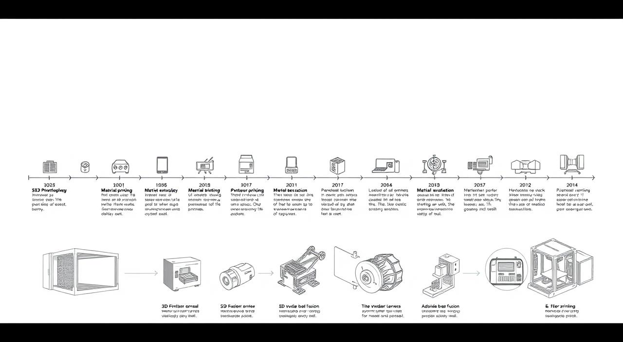 A detailed historical timeline depicting the evolution of additive manufacturing technologies, showcasing key advancements in industrial 3D printing. Set against a clean, minimalist background, the image features a central timeline with icons and text describing the progression of 3D printing techniques, from early stereolithography to the latest innovations in material extrusion, powder bed fusion, and beyond. The timeline is flanked by technical illustrations of the manufacturing processes, rendered in a technical, engineering-inspired style with precise lines and muted tones. The overall composition conveys a sense of technological progress and the growing impact of 3D printing on modern industry.