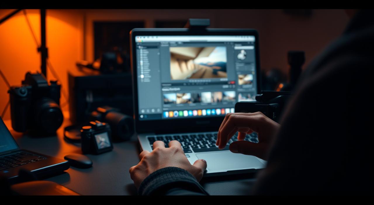 A dimly lit workspace, a professional photographer's desk, with a laptop, camera, and various accessories neatly arranged. In the foreground, a high-resolution RAW image file is displayed on the laptop screen, its details meticulously inspected. The photographer's hands, poised and focused, hover over the keyboard, ready to import the images into a professional photo editing software. The background is softly blurred, creating a sense of depth and emphasis on the task at hand. Warm, ambient lighting casts a subtle glow, setting the tone for a contemplative, meticulous digital workflow.