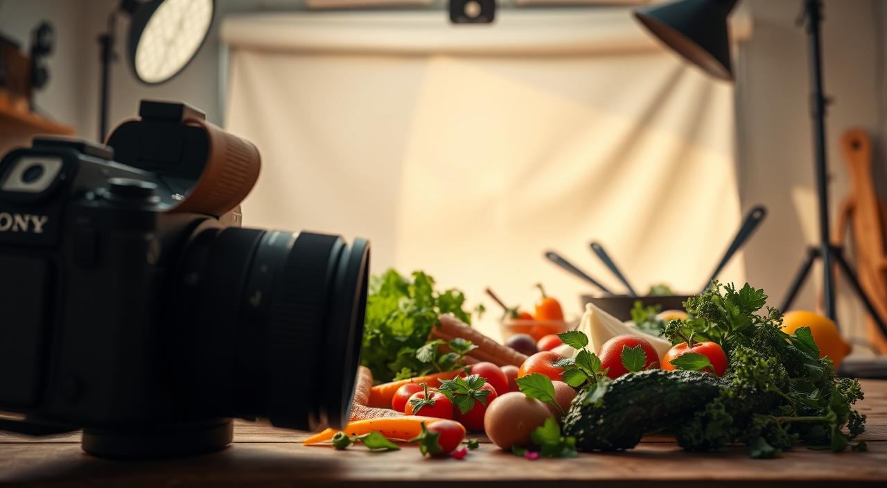 A high-quality macro food photography setup in a professional studio setting. In the foreground, an assortment of photogenic culinary ingredients and props arranged artfully - freshly harvested vegetables, aromatic herbs, cooking utensils, and a Sony camera lens poised to capture the scene. The middle ground features a clean, minimalist backdrop, with soft, even lighting creating a warm, appetizing atmosphere. In the background, a tasteful blend of natural and artificial illumination casts subtle shadows and highlights, emphasizing the textures and colors of the subject matter. The overall composition and technical execution are optimized to showcase the intricate details and mouthwatering appeal of the culinary subjects.