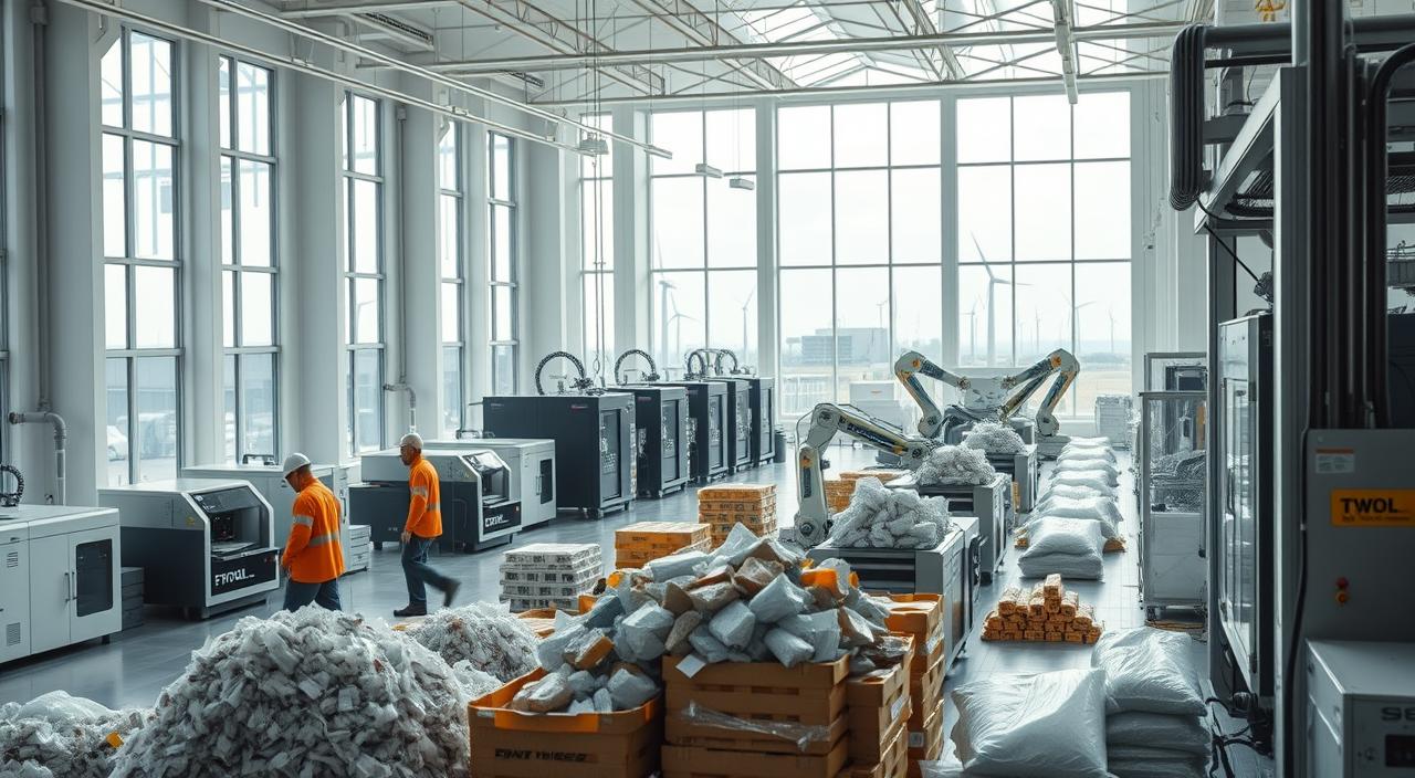 A high-quality photograph of a modern, sustainable manufacturing facility with a focus on eco-friendly production processes. The image should showcase a state-of-the-art factory interior with clean, minimalist design, large windows allowing ample natural light, and various 3D printing machines and robotic assembly lines operating efficiently. The foreground should feature workers in protective gear monitoring the production, while the middle ground displays piles of recycled materials and bioplastic feedstock. In the background, glimpses of renewable energy sources like solar panels and wind turbines can be seen through the windows, reinforcing the facility's commitment to sustainability. The overall scene should convey a sense of innovation, environmental consciousness, and a vision for the future of sustainable manufacturing.