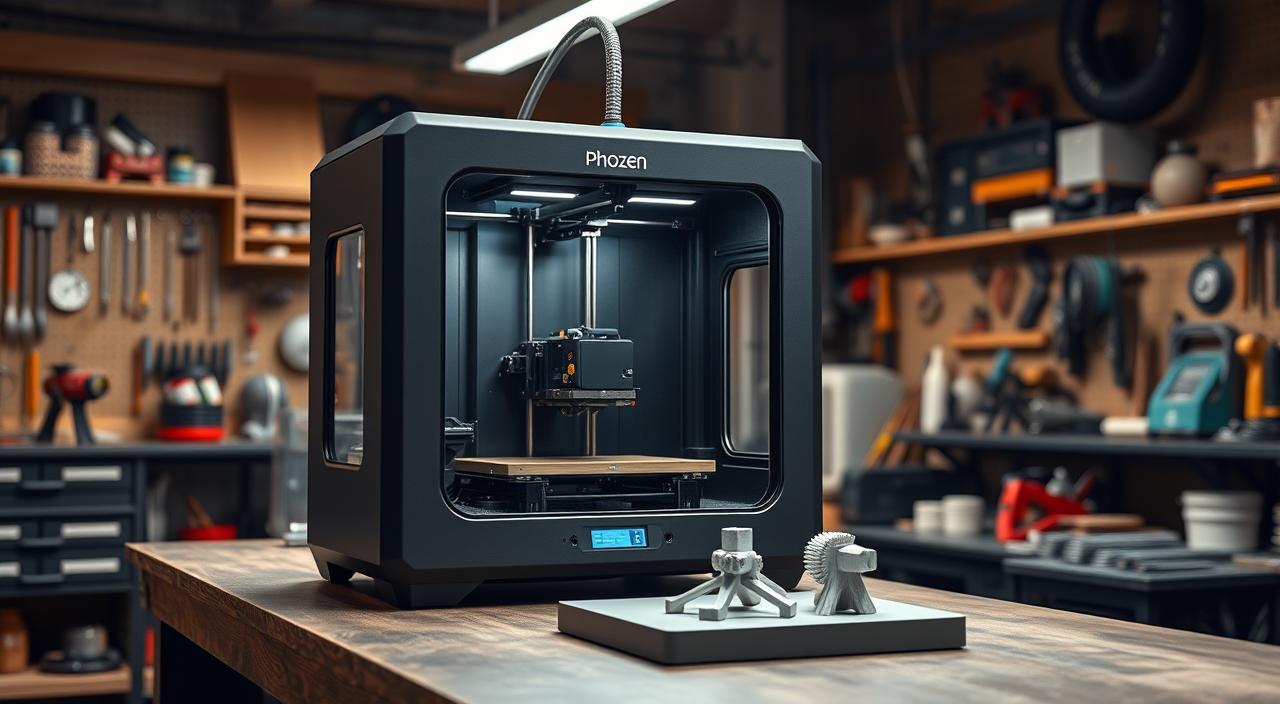 A high-resolution 3D printer in a well-lit workshop, showcasing its precision and efficiency. The Phrozen Sonic XL 4K Plus sits prominently on a sturdy workbench, its sleek matte-black exterior complemented by the warm glow of task lighting. The printer's internals are visible through a transparent cover, revealing the intricate mechanism that brings digital designs to life. In the foreground, a 3D-printed part rests on the build plate, its intricate details and smooth surface highlighting the machine's exceptional resolution and printing quality. The background is filled with various engineering tools and supplies, conveying a sense of a professional, well-equipped workspace dedicated to the art of 3D printing.