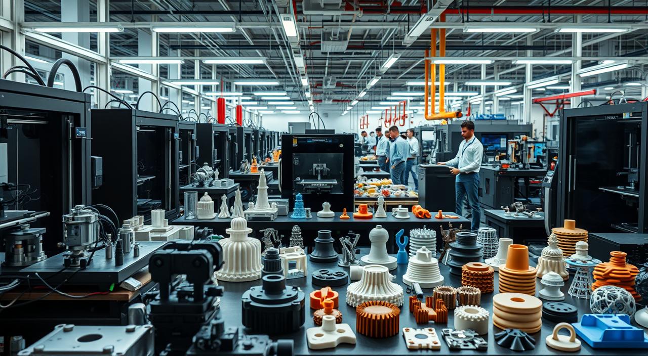 A high-tech industrial setting with various 3D printing applications showcased. In the foreground, intricate mechanical parts and prototypes are being produced on state-of-the-art 3D printers. The middle ground features a diverse array of 3D printed products, from medical devices to aerospace components, all demonstrating the versatility of additive manufacturing. In the background, a bustling factory floor with engineers collaborating and overseeing the production process. Bright, clean lighting illuminates the scene, highlighting the precision and efficiency of the 3D printing technologies at work. The overall atmosphere conveys the innovative and dynamic nature of the 3D printing industry across various sectors.