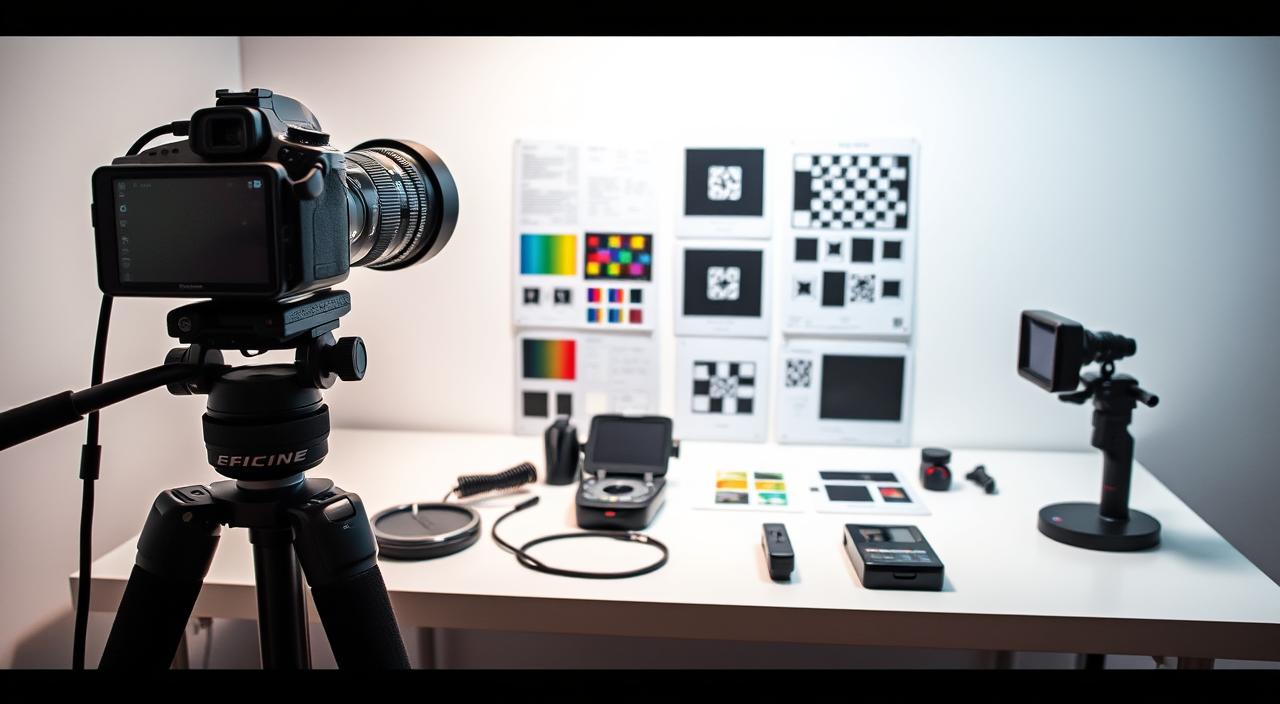 A professional photography setup showcasing a detailed camera calibration process. In the foreground, a DSLR camera is positioned on a sturdy tripod, its lens cap removed, ready to capture precise color and lens profile data. The middle ground features an array of calibration tools, including color checker cards, lens distortion test patterns, and a spectrophotometer, all arranged neatly on a clean, white tabletop. The background is softly lit, emphasizing the technical nature of the scene, with clean lines and muted colors conveying a sense of order and precision. Subtle shadows and reflections add depth and dimension, creating an immersive, educational atmosphere for the image. A professional photography setup showcasing a detailed camera calibration process. In the foreground, a DSLR camera is positioned on a sturdy tripod, its lens cap removed, ready to capture precise color and lens profile data. The middle ground features an array of calibration tools, including color checker cards, lens distortion test patterns, and a spectrophotometer, all arranged neatly on a clean, white tabletop. The background is softly lit, emphasizing the technical nature of the scene, with clean lines and muted colors conveying a sense of order and precision. Subtle shadows and reflections add depth and dimension, creating an immersive, educational atmosphere for the image.