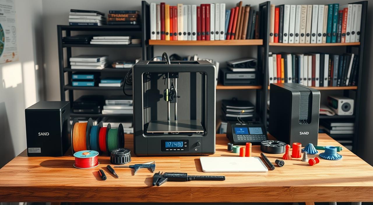 A well-equipped 3D printing support station with various tools and accessories arranged neatly on a sturdy wooden workbench. The focal point is a sleek, modern 3D printer prominently displayed, surrounded by spools of colorful filament, caliper, screwdrivers, and other maintenance items. Soft, directional lighting casts gentle shadows, creating a professional, yet inviting atmosphere. In the background, a bookshelf filled with technical manuals and design resources hints at the comprehensive nature of the support services offered. The overall composition conveys a sense of expertise, organization, and a commitment to providing holistic 3D printing solutions.