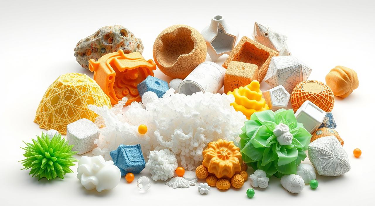 A well-lit, high-resolution 3D rendering of various sustainable 3D printing materials, including bioplastics, recycled plastics, and other eco-friendly alternatives. The materials are displayed on a clean, minimalist background, showcasing their textures, colors, and environmentally conscious properties. The scene conveys a sense of innovation, sustainability, and the future of additive manufacturing. The materials are arranged in an aesthetically pleasing composition, with thoughtful use of depth, lighting, and camera angle to highlight the unique qualities of each material.