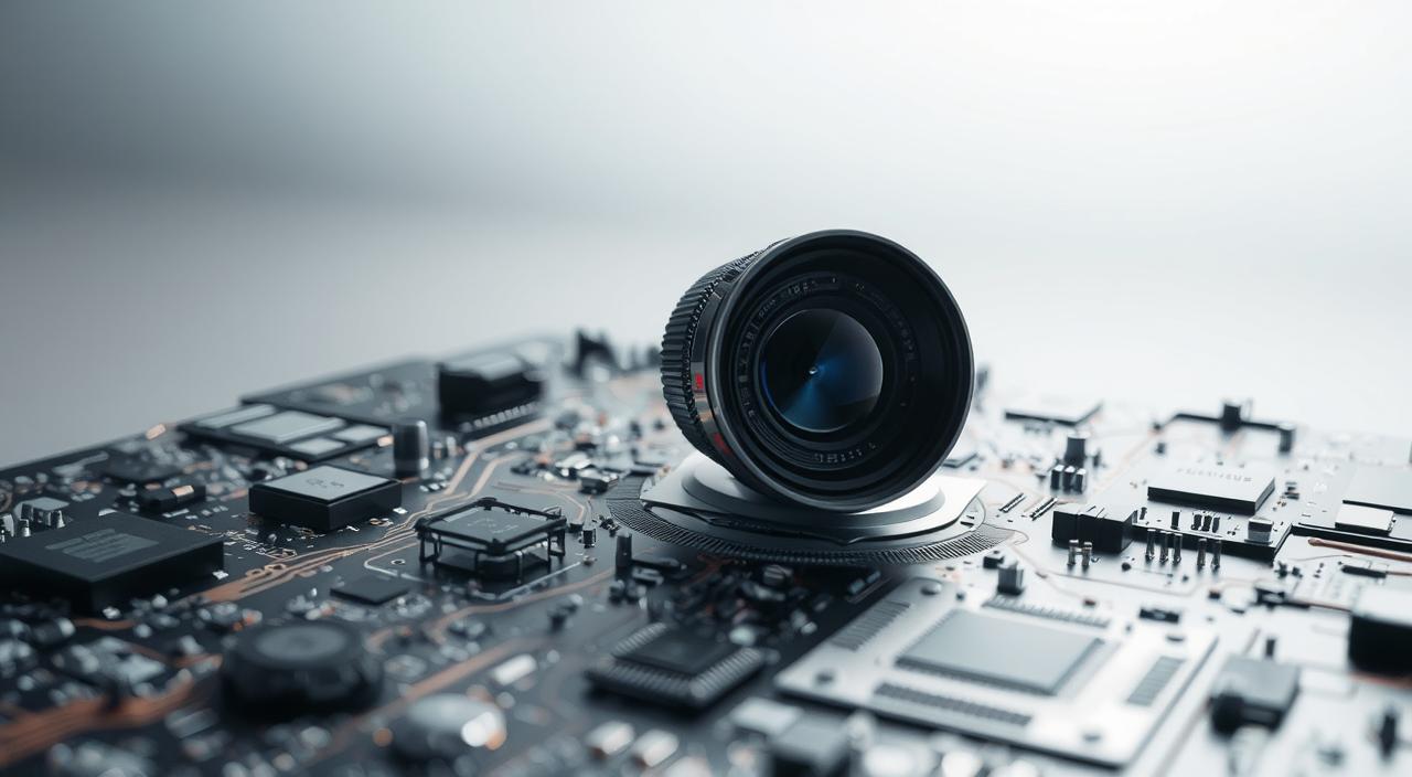 Automated photographic processes: a sleek, minimalist scene with a central camera lens or sensor, surrounded by intricate circuit boards, microchips, and other technological components. Soft, directional lighting illuminates the foreground, casting subtle shadows and highlights that accentuate the mechanical details. The background is a muted, gradient-based environment, hinting at the digital nature of the subject matter. The overall atmosphere is one of precision, efficiency, and the intersection of technology and image-making.