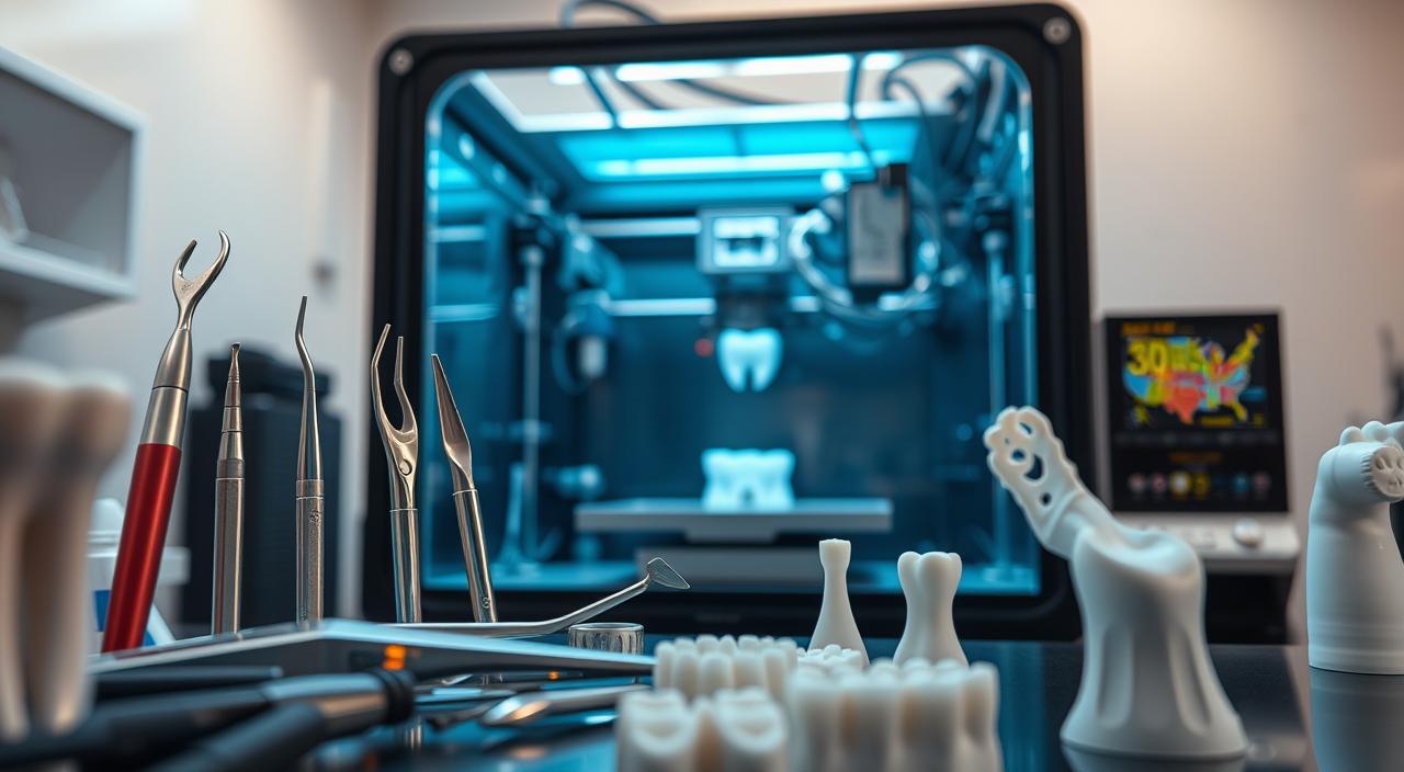 Detailed 3D medical device printing with realistic textures and materials. Sleek, modern medical equipment in the foreground, including dental tools, surgical instruments, and prosthetic limbs. Mid-ground depicts a state-of-the-art 3D printer in action, precisely extruding layers of specialized dental and biomedical resins. Softly lit laboratory setting in the background, with clinical white walls and subtle technical details. Convey a sense of innovation, precision, and the future of personalized healthcare through advanced additive manufacturing techniques. Detailed 3D medical device printing with realistic textures and materials. Sleek, modern medical equipment in the foreground, including dental tools, surgical instruments, and prosthetic limbs. Mid-ground depicts a state-of-the-art 3D printer in action, precisely extruding layers of specialized dental and biomedical resins. Softly lit laboratory setting in the background, with clinical white walls and subtle technical details. Convey a sense of innovation, precision, and the future of personalized healthcare through advanced additive manufacturing techniques.