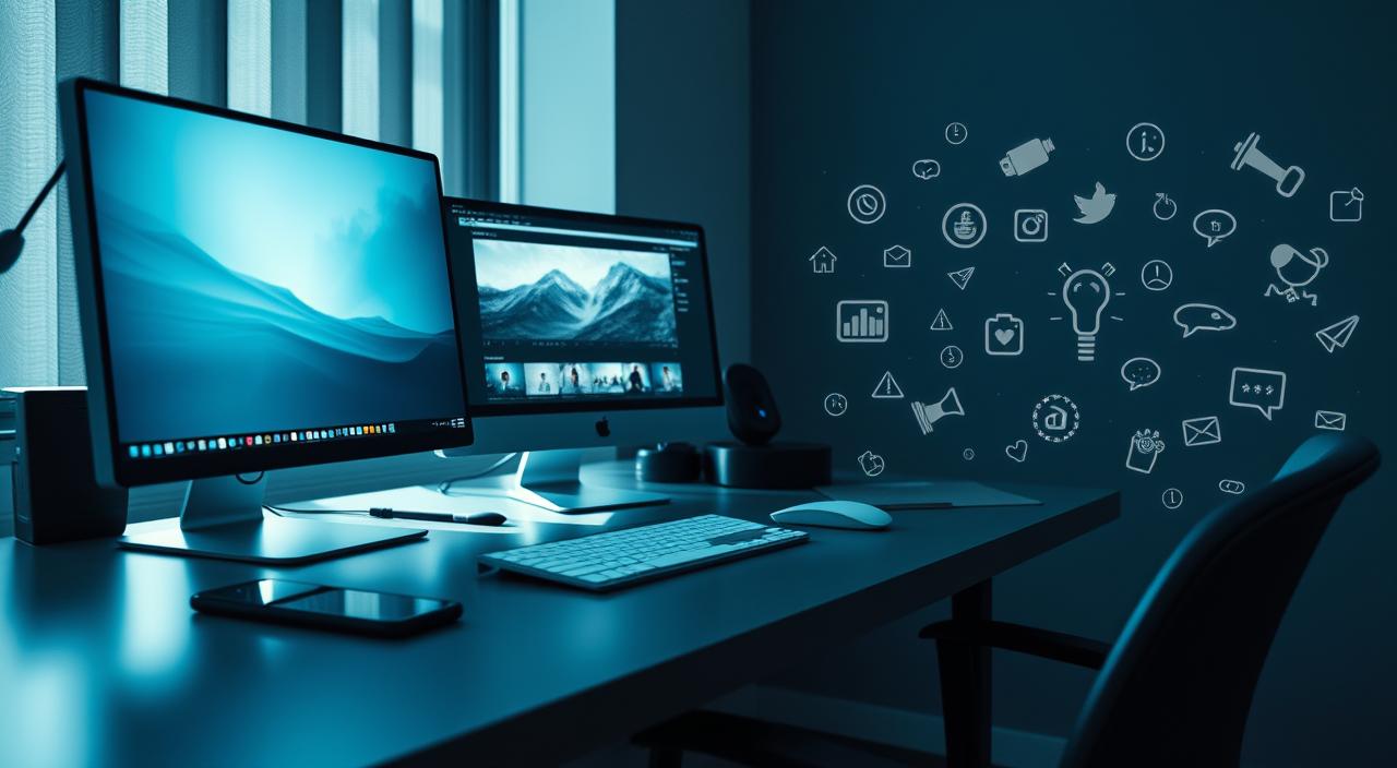 Optimización de imágenes para redes sociales: Una escena de escritorio moderno con computadora, smartphone y accesorios. Iluminación natural suave que resalta los detalles. Enfoque en los elementos digitales, con efectos de desenfoque y brillo que sugieren la optimización y el procesamiento de imágenes. Tonos azules y grises crean un ambiente tranquilo y profesional. En primer plano, una aplicación de edición de fotos con herramientas de recorte, ajuste y filtros destacadas. En el fondo, un telón de fondo borroso con gráficos y símbolos relacionados con las redes sociales.