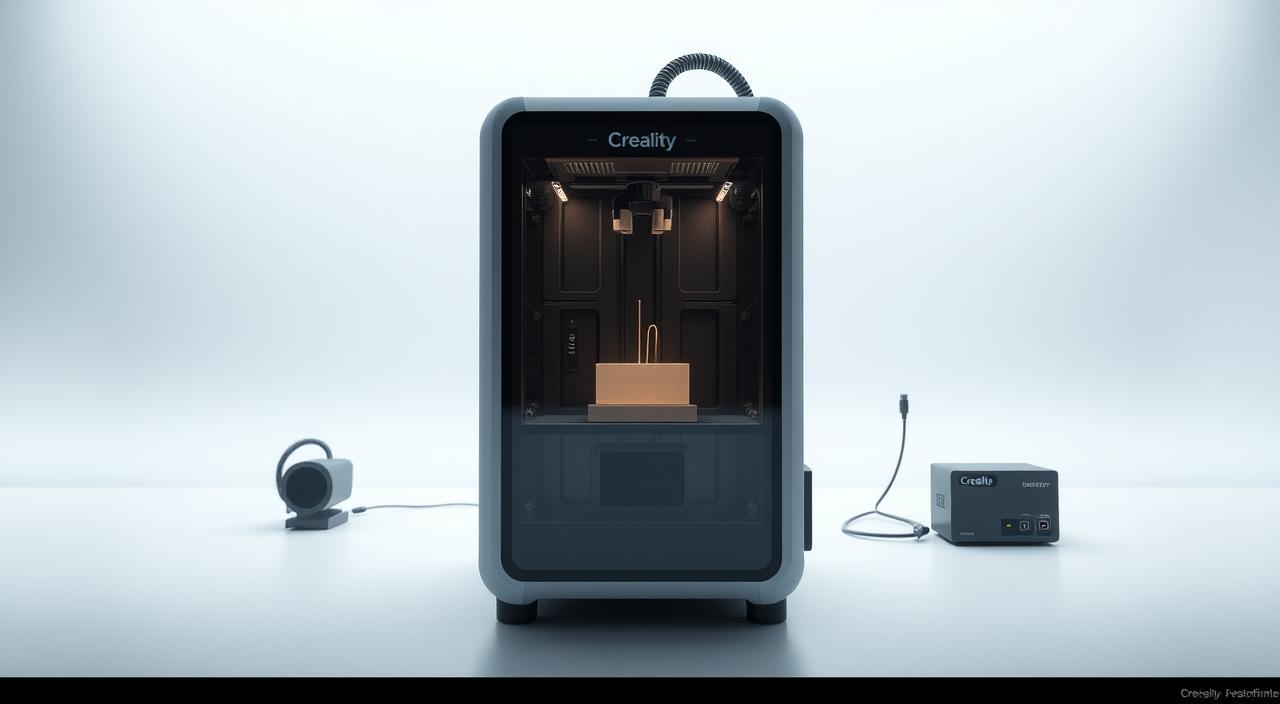 a highly detailed, photorealistic 3D rendering of a 3D printer air purification system, with a sleek, modern design featuring clean lines and metallic accents. the system is shown in a well-lit, studio-like environment, with soft, directional lighting that accentuates the contours and textures of the components. the foreground shows the main purification unit, with a transparent housing that reveals the internal filtration mechanisms. the middle ground features additional accessories and peripherals, such as airflow sensors and control modules, all integrated seamlessly into the overall design. the background showcases a minimalist, abstract setting, allowing the purification system to be the focal point of the image. the overall aesthetic is one of technological sophistication and functional elegance, perfectly suited to illustrate the advanced features and specifications of the Creality HALOT-MAGE S14K 3D printer.